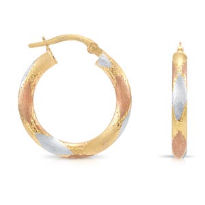 Solid 10K Yellow Gold Tri-Color Hoop Earrings, With Secure Latch Back Closure, Italian Style Hoop Earrings, Chunky 3mm, Made In Italy