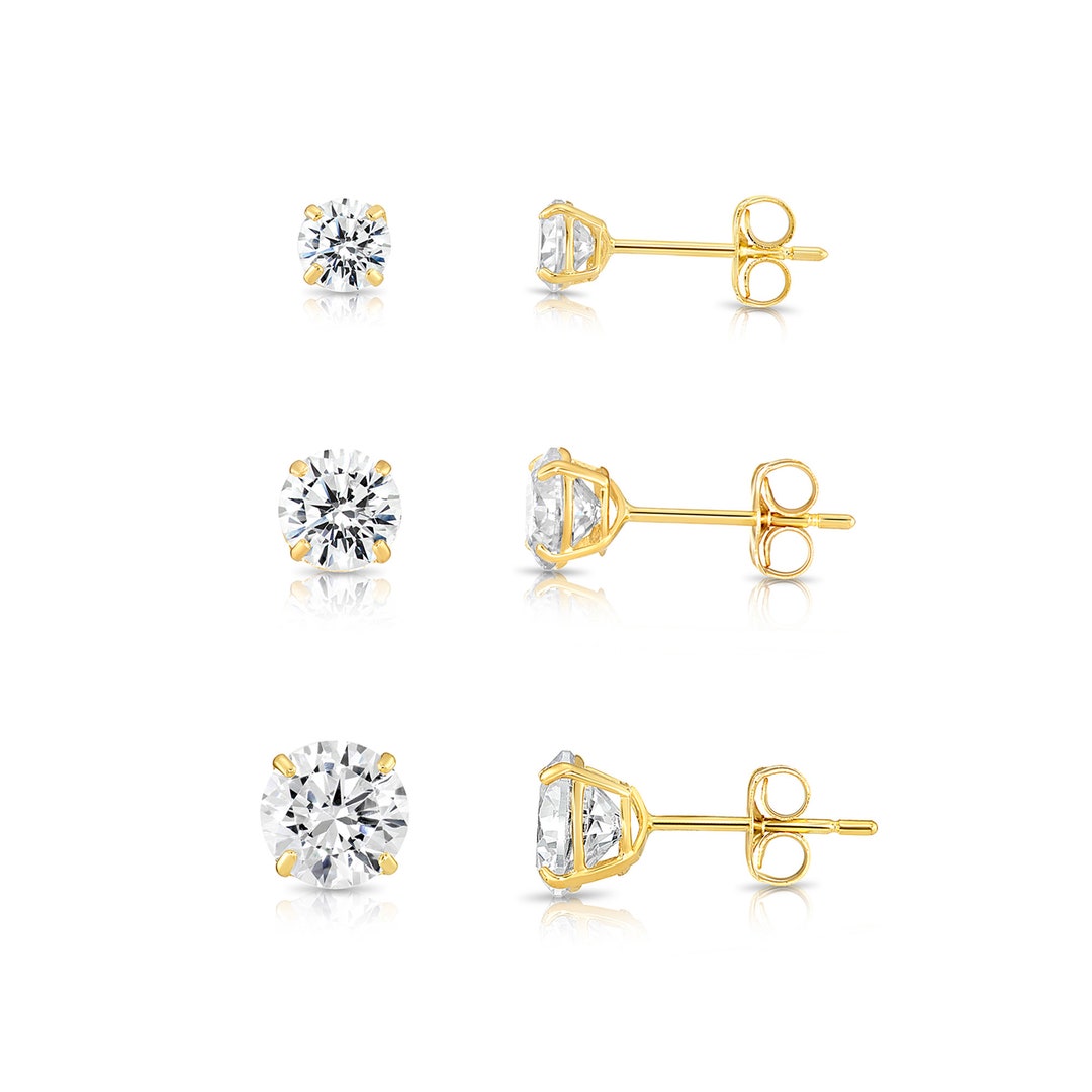 Set of 3 Bundle Deal 14k Solid Gold Basket Set Round CZ Stud Earrings ...