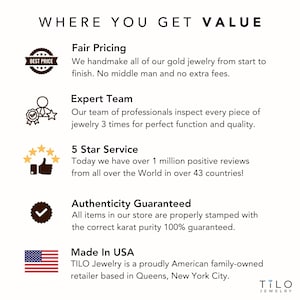 K&ouml;nnte beinhalten: Wei&szlig;er Hintergrund mit Text, der &bdquo;WHERE YOU GET VALUE&ldquo; lautet. Der Text hebt &bdquo;Fair Pricing&ldquo;, &bdquo;Expert Team&ldquo;, &bdquo;5 Star Service&ldquo;, &bdquo;Authenticity Guaranteed&ldquo; und &bdquo;Made in USA&ldquo; hervor. Enth&auml;lt das TILO Jewelry-Logo.