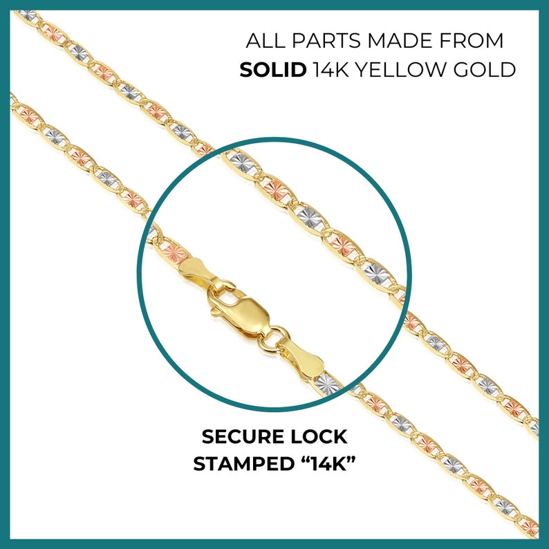 14K SOLID Gold Valentino Chain, Tri-Color Link Necklace, Made in Italy, Solid Yellow, White, And Rose Gold Chain, Unisex, 2.5mm - 3.5mm Thin image 3
