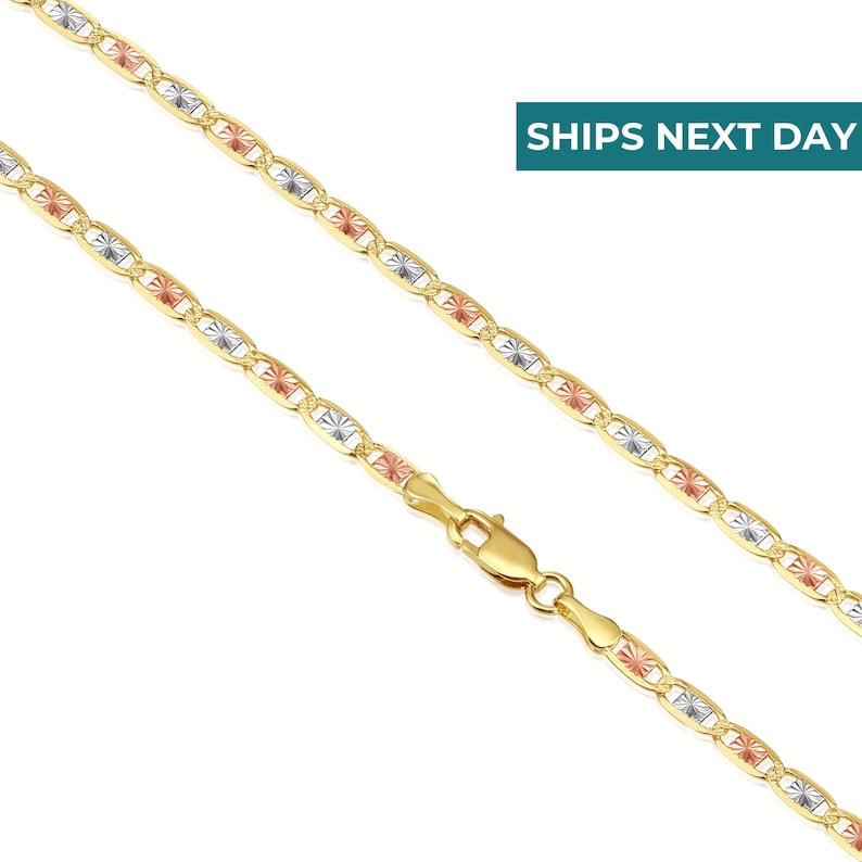 14K SOLID Gold Valentino Chain, Tri-Color Link Necklace, Made in Italy, Solid Yellow, White, And Rose Gold Chain, Unisex, 2.5mm - 3.5mm Thin image 1
