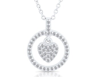 Sterling Silver Dangling Halo Heart Necklace, CZ Heart Pendant, 18 inch Necklace