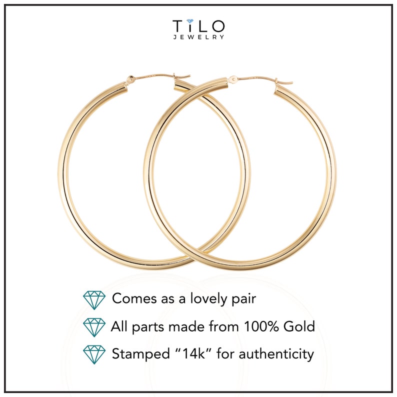 14K Gold Classic Hoop Earrings, Solid 14k Yellow and White Gold Lightweight Hoops, Bold and Classy 3mm Design image 4