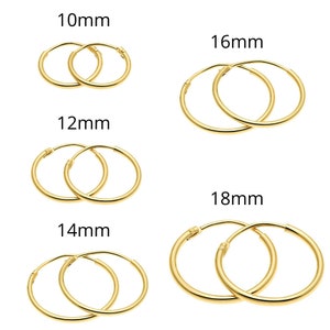 Set of 5! 925 Sterling Silver Gold Tone Plated Endless Hoop Earrings, Nose and Cartilage Jewelry (10mm, 12mm, 14mm, 16mm, 18mm)