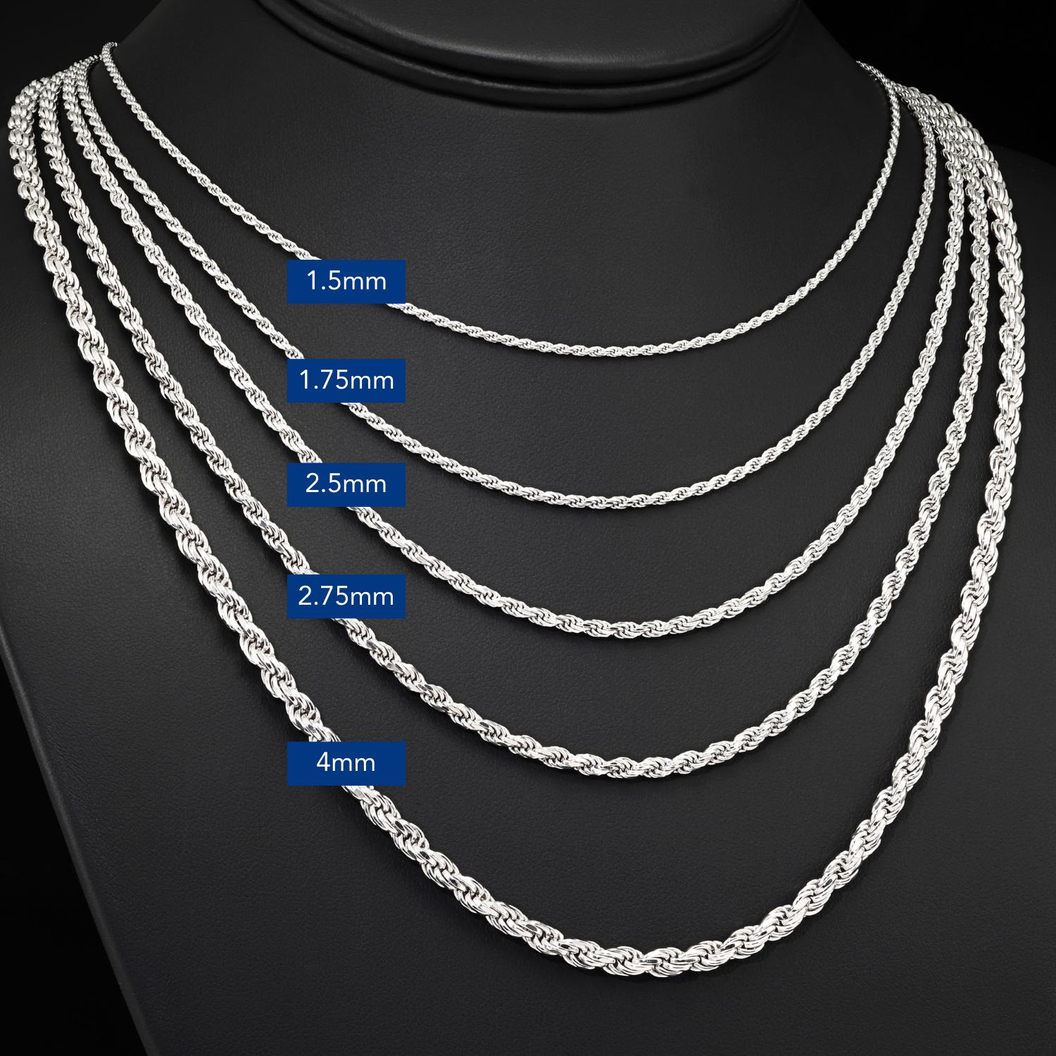 Sterling Silver Italian Rope Chains, Solid 925 Pure Silver With
