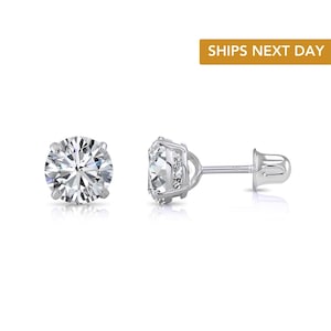 14k White Gold Solitaire Round Cubic Zirconia CZ Stud Earrings in Secure Screw-backs, Sleeper Cz Studs, Unisex, By TILO Jewelry