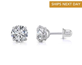 Kolczyki z białego złota z 14-karatowym, okrągłym, sześciennym cyrkoniowym cyrkoniami, z bezpiecznymi śrubami, z kolczykami typu „sleeper”, unisex, firmy TILO Jewelry