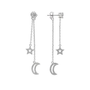 Star and Moon Dangle Earrings, Sterling Silver Solitaire and Pave CZ Charm Studs