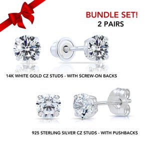 Bundle Set of 2! 14k Solid White Gold Basket Set Round CZ Stud Earrings + 1 Pair of 925 Sterling Silver Studs, Unisex, By TILO Jewelry