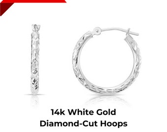 14K Yellow Gold Diamond-cut Round Hoop Earrings Hand Engraved
