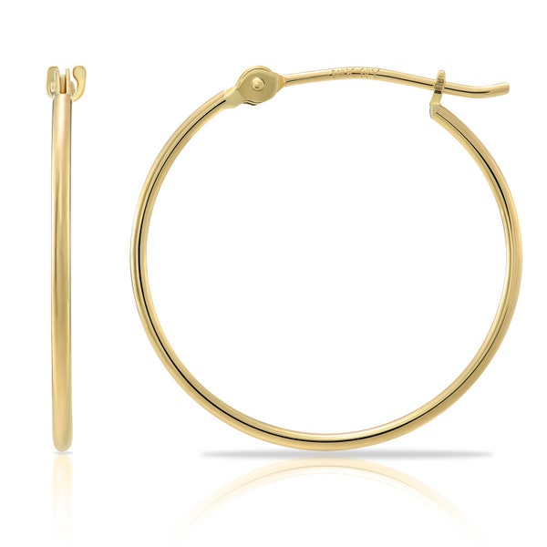 Solid 14k Yellow Gold Thin Hoop Earrings, Essential and Minimal Round Endless Hoops with Click-top Closure, 1mm Thickness