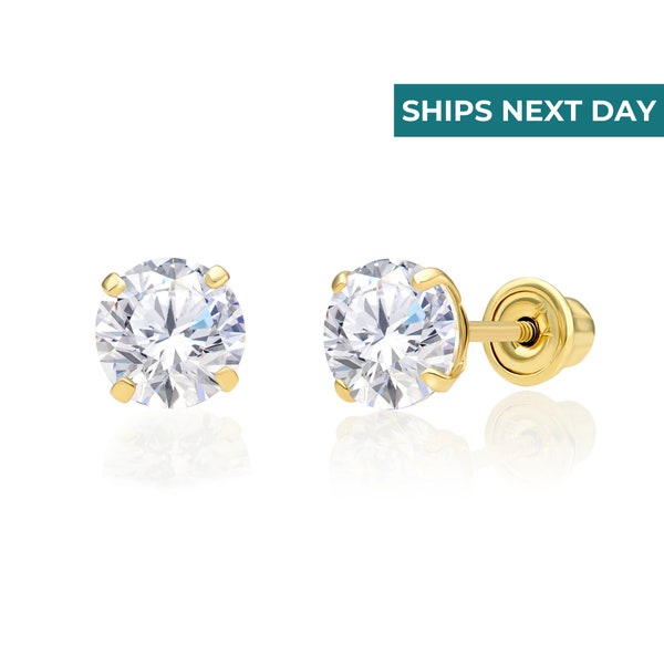10K Yellow Gold Solitaire Stud Earrings, Screw-back Round Cubic Zirconia Studs in 10K SOLID GOLD, Unisex Design