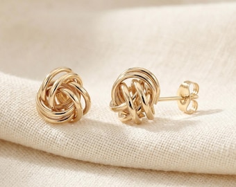 14k Gold Love Knot Stud Earrings, With Hand Engraved Diamond-Cuts, Handmade Jewelry Gift, By TILO Jewelry