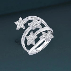 Sterling Silver Sparkling Cz Stars Wrap Spiral Ring