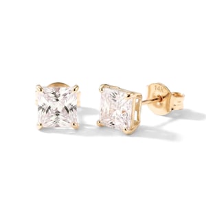 14K Gold Square Stud Earrings, Solid 14K Yellow Gold Push-back Studs, Princess Cut Sparkling Cubic Zirconia Stones, By TILO Jewelry