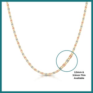 14K SOLID Gold Valentino Chain, Tri-Color Link Necklace, Made in Italy, Solid Yellow, White, And Rose Gold Chain, Unisex, 2.5mm - 3.5mm Thin image 6