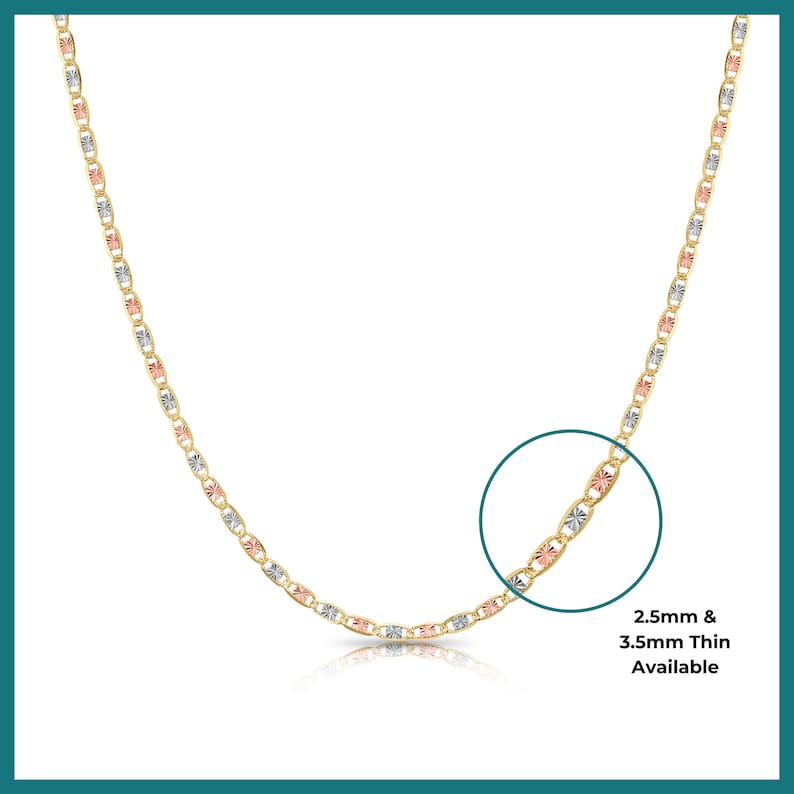 14K SOLID Gold Valentino Chain, Tri-Color Link Necklace, Made in Italy, Solid Yellow, White, And Rose Gold Chain, Unisex, 2.5mm - 3.5mm Thin image 6