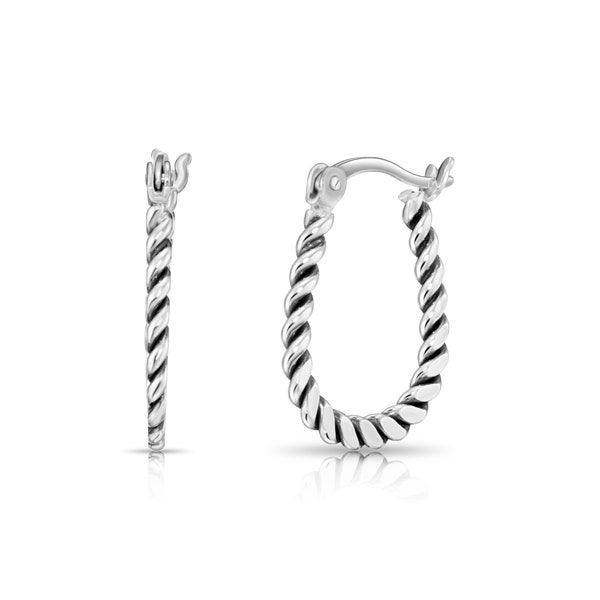 Twisted Rope Oval Hoop Earrings in 925 Sterling Silver, Real Silver U-Shape Oval Hoops, Rope Hoops Earrings, Fine Jewelry for Women