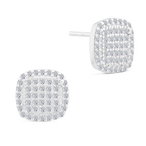 May include: A pair of silver stud earrings with a square shape and a pave setting of small, clear cubic zirconia stones.