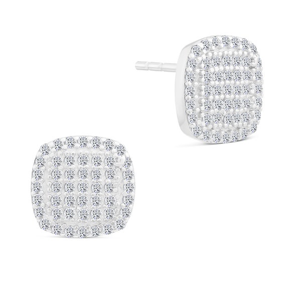 Square Shaped Micropave Cz Earrings in Sterling Silver, Medium Size Unisex Earrings