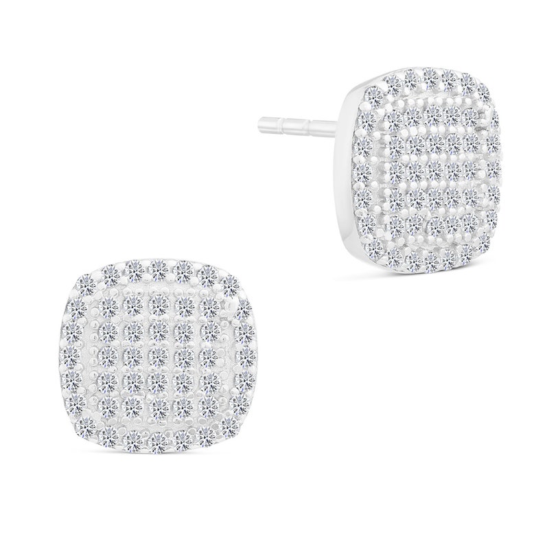 May include: A pair of silver stud earrings with a square shape and a pave setting of small, clear cubic zirconia stones.