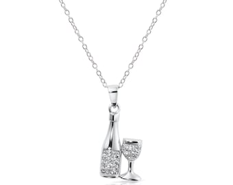 Naszyjnik z zawieszką z motywem świątecznym w kształcie butelki szampana i kieliszka ze srebra próby 925, 18 cali, firmy TILO Jewelry