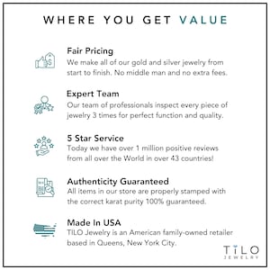 May include: A graphic with the text "Where You Get Value" and five icons representing the benefits of shopping with TILO Jewelry. The icons represent fair pricing, expert team, 5-star service, authenticity guaranteed, and made in the USA.