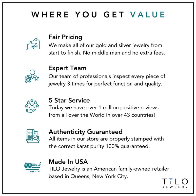 May include: A graphic with the text "Where You Get Value" and five icons representing the benefits of shopping with TILO Jewelry. The icons represent fair pricing, expert team, 5-star service, authenticity guaranteed, and made in the USA.
