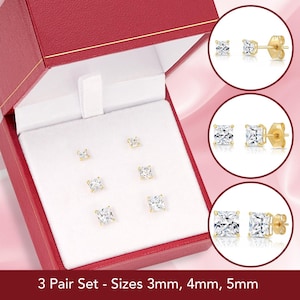 SET OF 3! 14K Solid Gold Earrings, Square Studs with Cubic Zirconia Stones and 14K Solid Gold Butterfly Push-backings