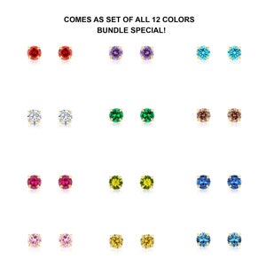 Set of 12! 14k Solid Yellow Gold 3mm Round CZ Stud Earrings, Pushback Sleeper Studs, Birthstone Earrings, Jewelry Set
