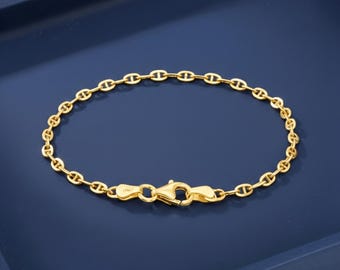 Solid Sterling Silver Gold Plated Mariner Link Bracelet, 2.75mm Thin, 7" - 7.5", Secure Lobster Lock, Made In Italy
