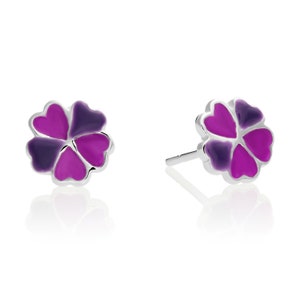 925 Sterling Silver Little Purple Clover Enamel Stud Earrings, Solid Sterling Silver Butterfly Push-back Studs, Gift For Children, By TILO