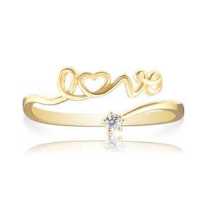 Dainty Script LOVE Ring with Solitaire CZ in 14K Solid Yellow Gold, Stylish, Trendy, and Minimal Adjustable Band Ring