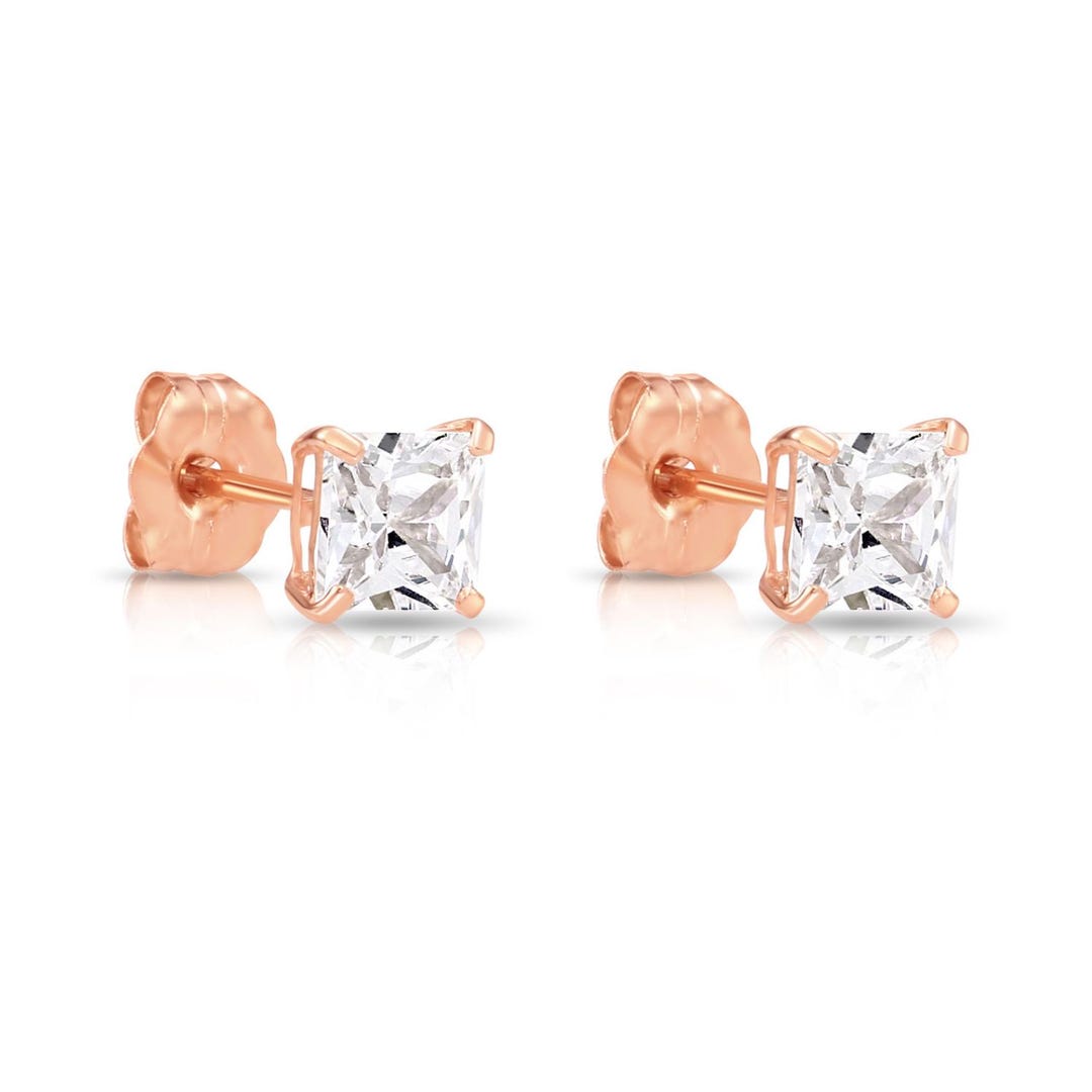 Gold Ohrringe Gebraucht 14K Massivgold Ohrstecker Mit Prinzessin-Schnitt CZ – 4 Mm Quadratisch, Für Männer & Frauen Gold Piercing