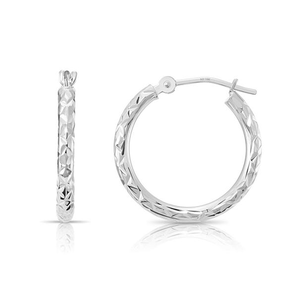 14K White Gold Diamond-Cut Round Hoop Earrings, Hand Engraved "X-Pattern" Round Hoop Earrings, Small Medium Large Hoops, By TILO Jewelry