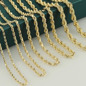 May include: A variety of gold rope chains of different thicknesses and lengths.