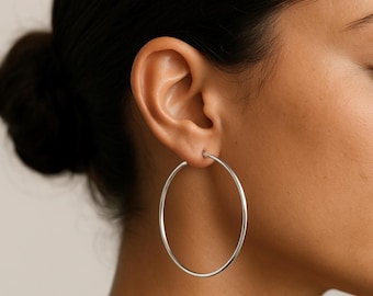 14K White Gold Round Hoop Earrings, Large Classic Hoops, 50mm (2 Inch), Made By TILO Jewelry
