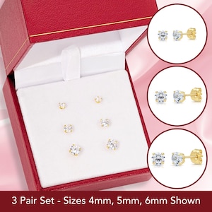 3 Pairs Gift Set - 14k Solid Gold Basket Set Round CZ Stud Earrings, Pushback Sleeper Studs, Unisex Design, 2.5mm/3mm/4mm/5mm/6mm/7mm/8mm