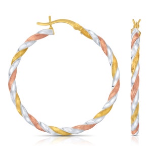 Sterling Silver Tri-Color Twisted Hoop Earrings, Large Statement Hoops, 35mm (1.4in), Unique Twist Hoops, By TILO Jewelry