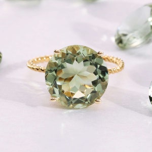 14k Yellow Gold Gemstone Ring, Solid Twist Rope Design and Stunning 5 Carat Green Amethyst, "Ms. Luscious" Dainty Luxurious Ring