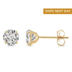 Orecchini a bottone in oro giallo massiccio 14k con zirconi cubici rotondi, chiusura a pressione con diamanti simulati, unisex, di TILO Jewelry