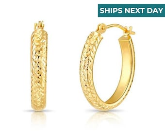 14K Gold Diamond-cut Hoops, Chunky Bold Oval Hoop Earrings, "X-pattern" Design Hand Engraved Loops