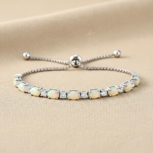 Sterling Silver Fire Opal Bracelet With Brilliant Cubic Zirconia Stones, Adjustable Simulated Opal Bracelet, 6-9 Inch, By TILO Jewelry image 3