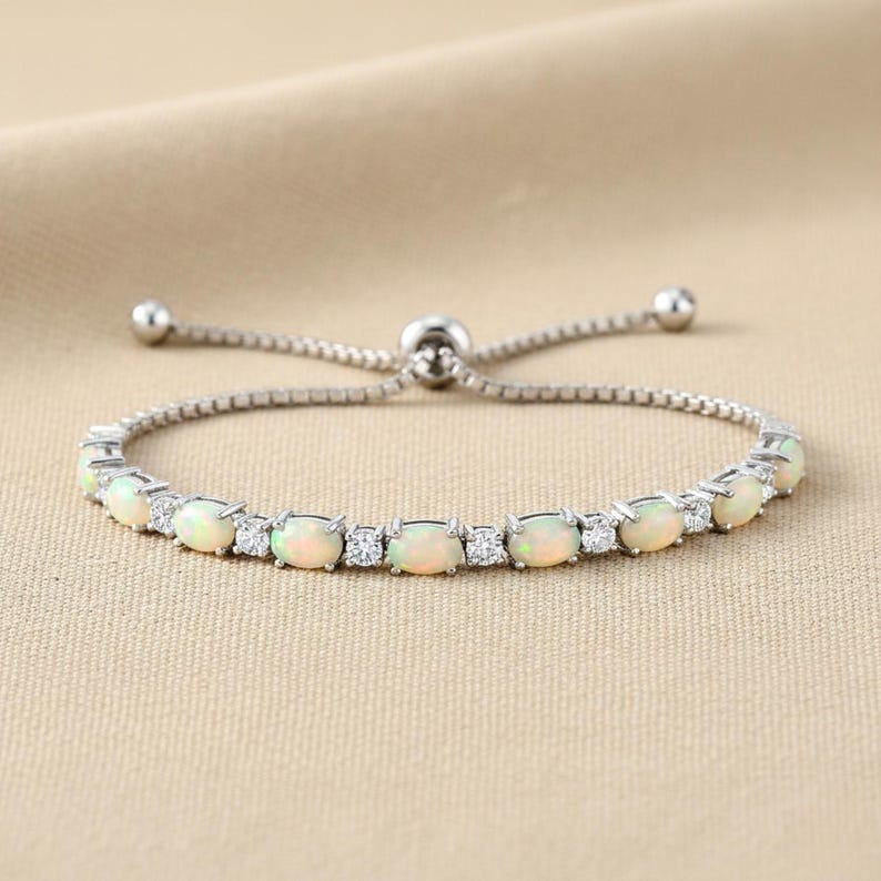 Sterling Silver Fire Opal Bracelet With Brilliant Cubic Zirconia Stones, Adjustable Simulated Opal Bracelet, 6-9 Inch, By TILO Jewelry image 3