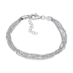 May include: A silver-colored bracelet featuring multiple delicate chain strands. The bracelet has a lobster clasp closure and an adjustable chain for a customized fit. The design is simple and elegant, suitable for everyday wear or special occasions.