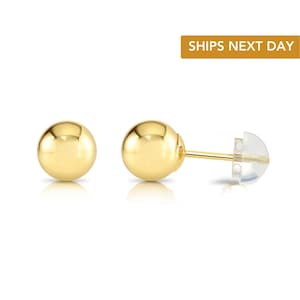 14K Yellow Gold Ball Stud Earrings, Silicone Covered Gold Push Backings 3mm, 4mm, 5mm, 6mm, 7mm, 8mm, Sleeper earrings, Unisex