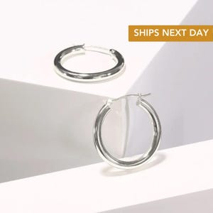 14K Gold Classic Hoop Earrings, Solid White Gold Chunky and Lightweight Shiny Hoops, 3mm Tube Thickness, Made by TILO Jewelry