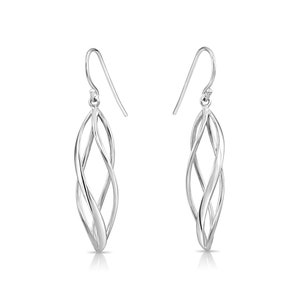 May include: Silver dangle earrings with a twisted, interwoven design. The earrings have a simple hook fastening.