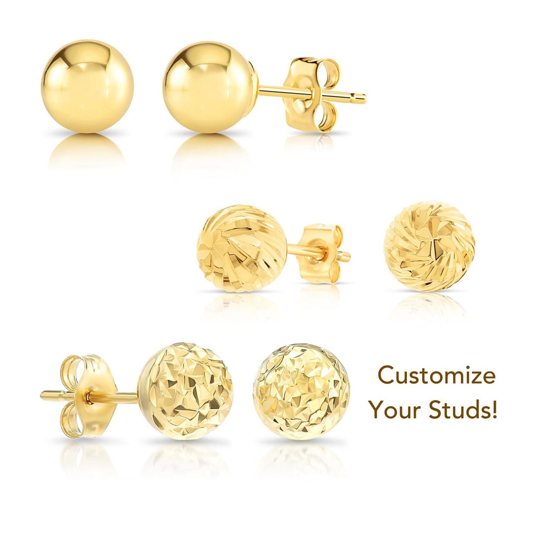 14K Gold Ball Stud Earrings Available With Hand Engraved Patterns 14k 