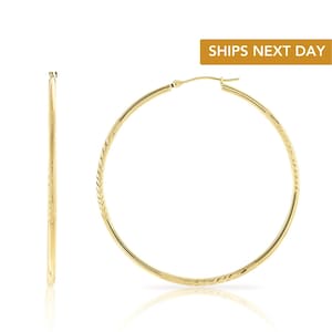 14K Gold Round Hoop Earrings, Hand Engraved With Diamond-Cuts, Unique Floral-Cut Pattern, Round Large Hoops, 2&quot;, Made By TILO Jewelry
